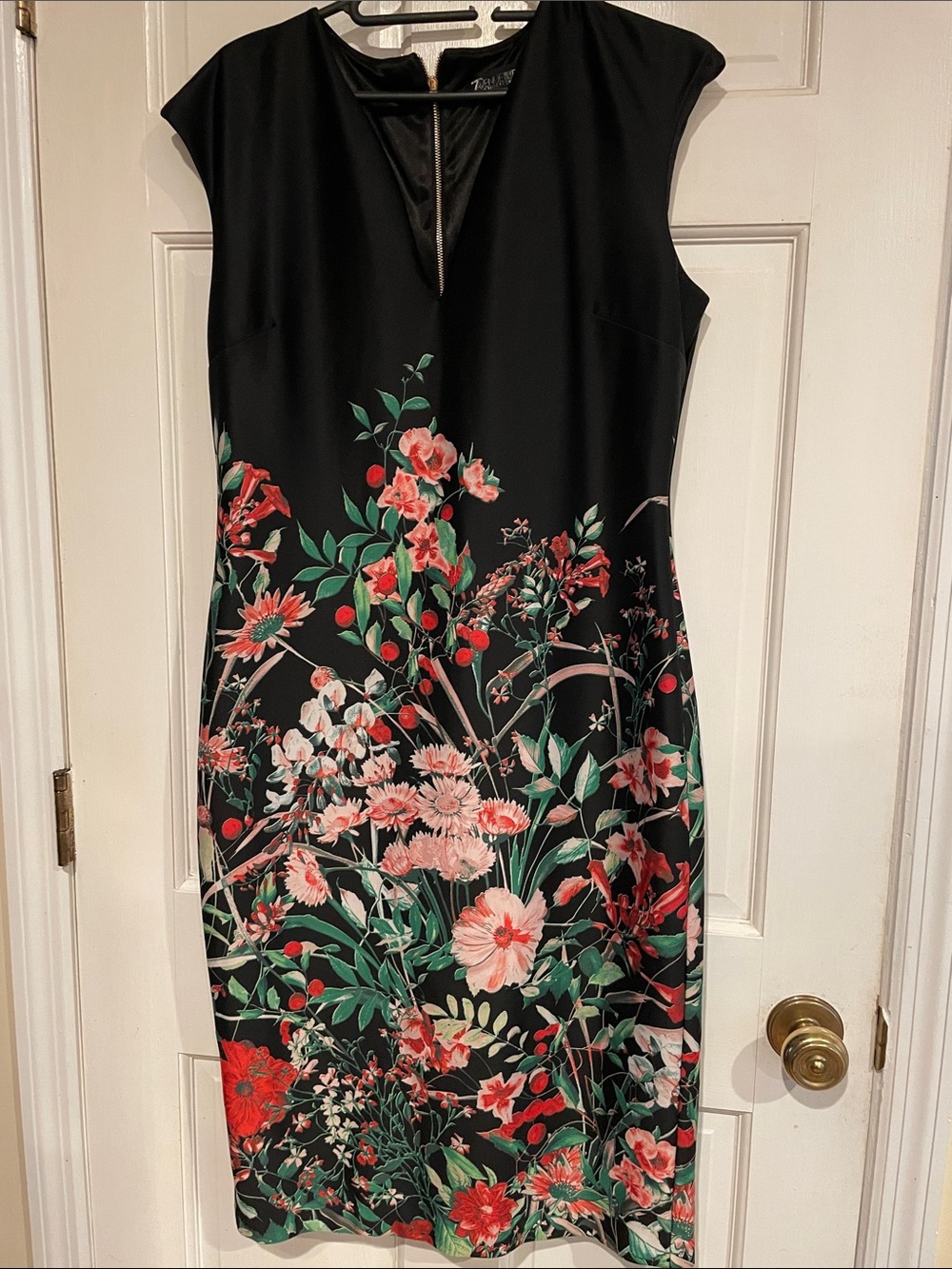 Black Floral Midi Dress with Pink & Red Blooms by Talbot's